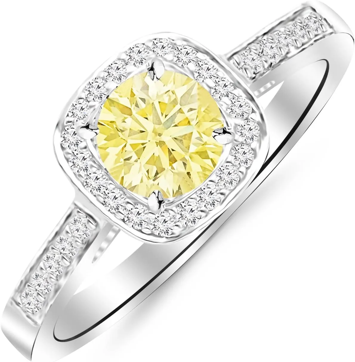 0.73 Carat 14K White Gold Classic Square Halo Single Row Pave Set Diamond Engaement Ring with a 0.5 Carat Natural Untreated Yellow Diamond Center (Heirloom Quality)