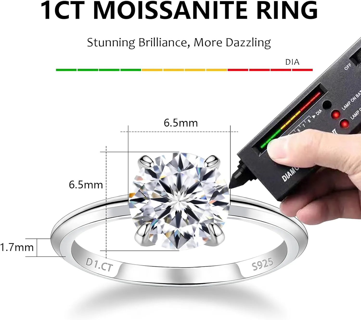 1 CT 2CT Moissanite Enagaement Ring for Women, White Gold Plated 925 Sterling Silver Moissanite Rings, Promise Rings Wedding Band Rings for Women Size 5-10
