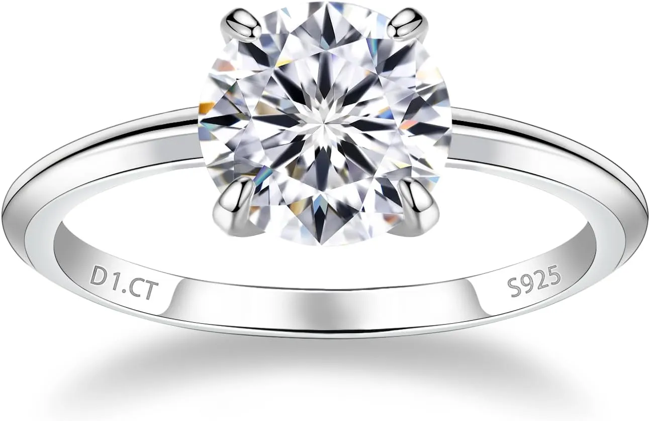 1 CT 2CT Moissanite Enagaement Ring for Women, White Gold Plated 925 Sterling Silver Moissanite Rings, Promise Rings Wedding Band Rings for Women Size 5-10