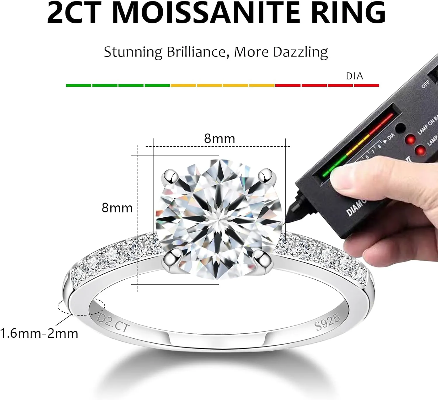 1 CT 2CT Moissanite Enagaement Ring for Women, White Gold Plated 925 Sterling Silver Moissanite Rings, Promise Rings Wedding Band Rings for Women Size 5-10