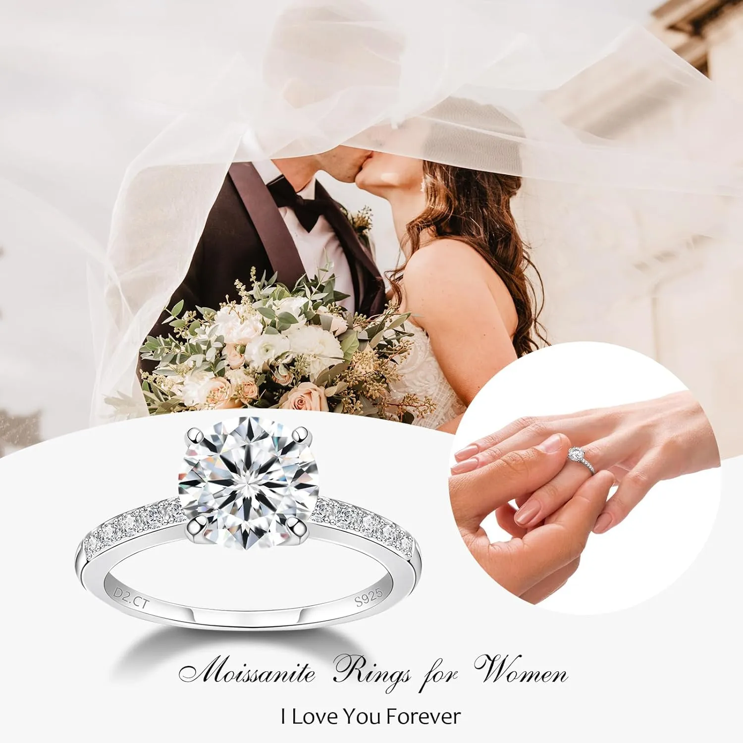 1 CT 2CT Moissanite Enagaement Ring for Women, White Gold Plated 925 Sterling Silver Moissanite Rings, Promise Rings Wedding Band Rings for Women Size 5-10