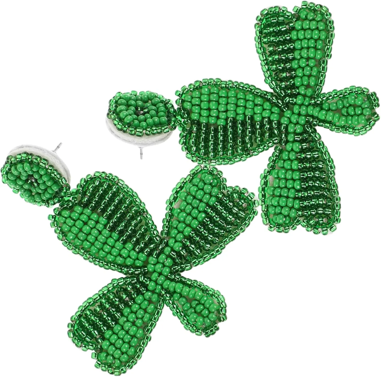 1 Pair Green Beaded Shamrock Dangle Earrings Handmade Patrick Day Jewelry Unique Irish Festival Accessory with Intricate Beadwork Celebrate in Style