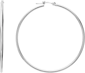 10k White Gold 1.5mm Shiny Round Tube Hoop Earrings, Diameter 30mm