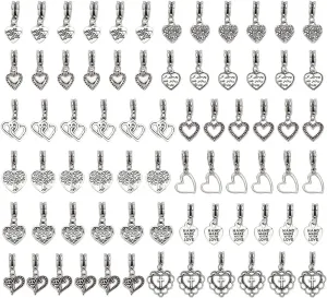 12 Styles 72Pcs Heart Dangle Charms Antique Silver Love Heart Pendant Metal Filigree Love Charms European Charms for Valentine's Day DIY Bracelets Earring Necklace Jewelry Making