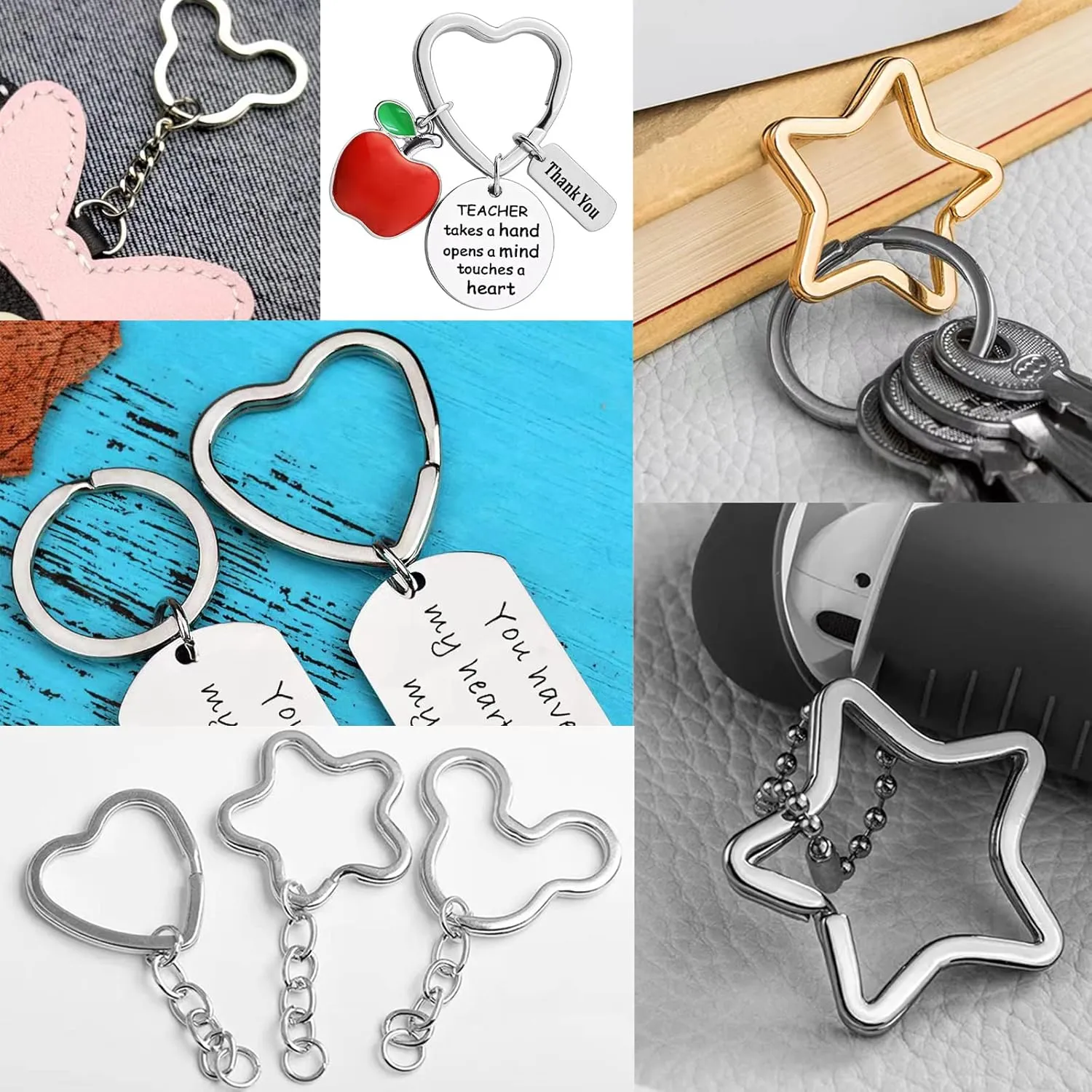 12pcs Creative Key Ring Keychain Heart Shape Silver Metal Flat Split Key Holder Chains Rings Crafts DIY for Home Car Tag Office Organization Lanyards Keys Attachment Gift