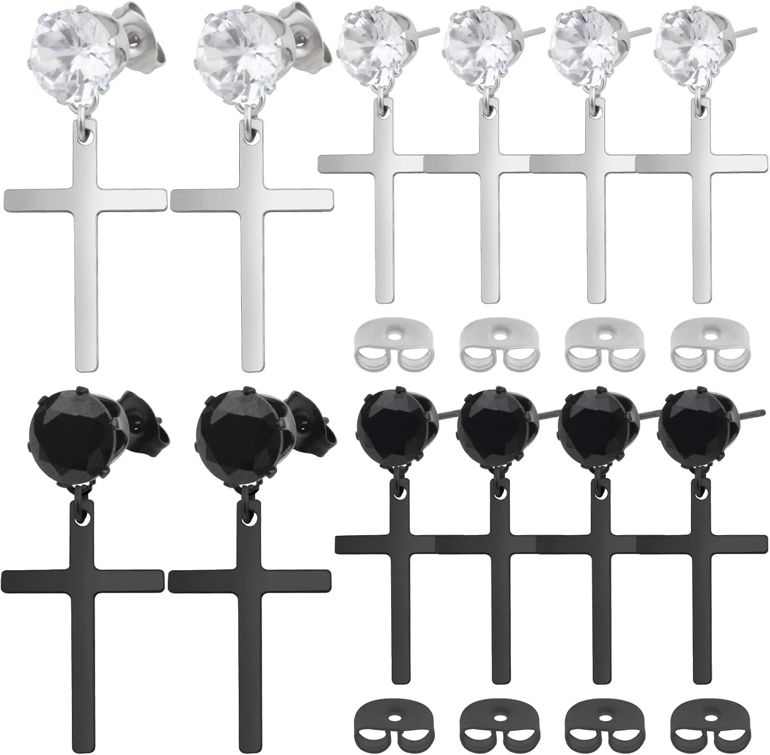 12pcs Hypoallergenic Cubic Zirconia Cross Stud Earrings Stainless Steel Dangle Earrings Rhinestone Cross Drop Charms Hoop Earrings for Women Men Earrings Making, 2 Colors