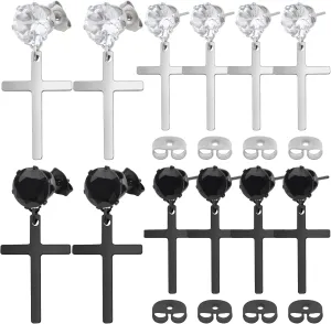 12pcs Hypoallergenic Cubic Zirconia Cross Stud Earrings Stainless Steel Dangle Earrings Rhinestone Cross Drop Charms Hoop Earrings for Women Men Earrings Making, 2 Colors