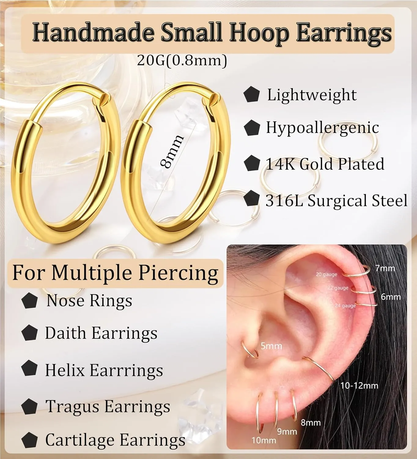 14K Gold Plated Small Hoop Earrings for Women Hypoallergenic 316L Surgical Steel Cartilage Huggie Hoop Earrings Handmade Hinge Huggie Hoop Earrings for Helix Tragus Conch Piercing Jewelry 8mm