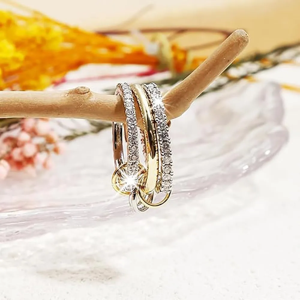 14K Gold Plated Stackable Rings for Women - 3-Piece Cubic Zirconia Interlocking Set, Zirconia Band 3 Rings Multi-Link Rings Set for Everyday Wear