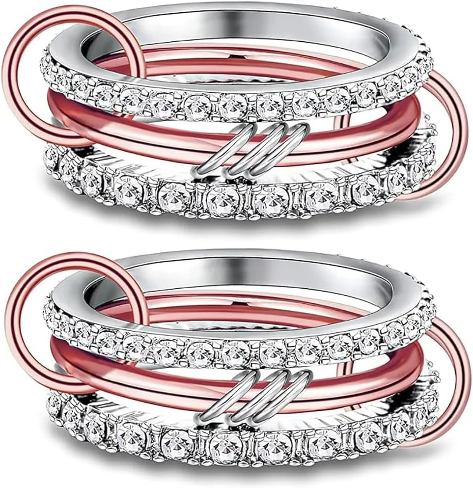14K Gold Plated Stackable Rings for Women - 3-Piece Cubic Zirconia Interlocking Set, Zirconia Band 3 Rings Multi-Link Rings Set for Everyday Wear