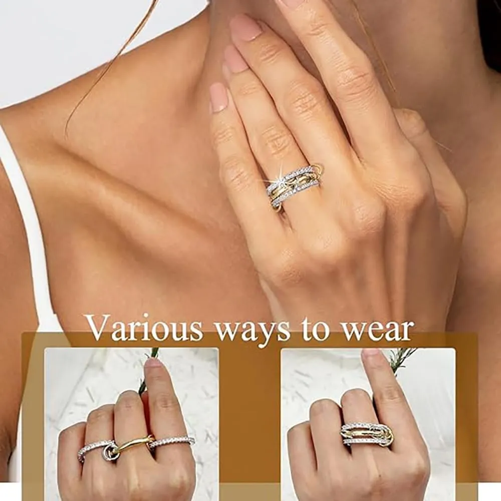 14K Gold Plated Stackable Rings for Women - 3-Piece Cubic Zirconia Interlocking Set, Zirconia Band 3 Rings Multi-Link Rings Set for Everyday Wear