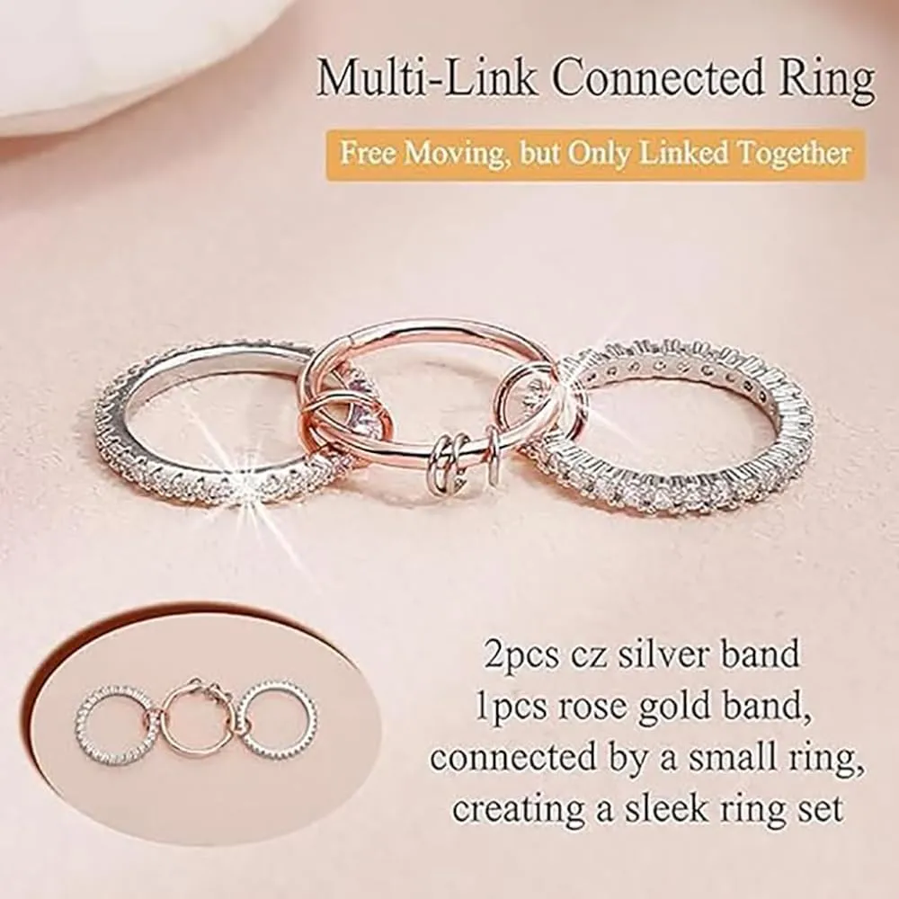 14K Gold Plated Stackable Rings for Women - 3-Piece Cubic Zirconia Interlocking Set, Zirconia Band 3 Rings Multi-Link Rings Set for Everyday Wear