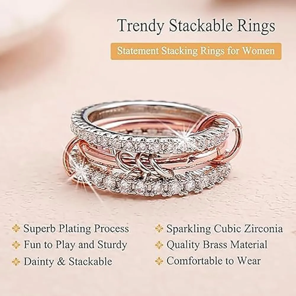 14K Gold Plated Stackable Rings for Women - 3-Piece Cubic Zirconia Interlocking Set, Zirconia Band 3 Rings Multi-Link Rings Set for Everyday Wear