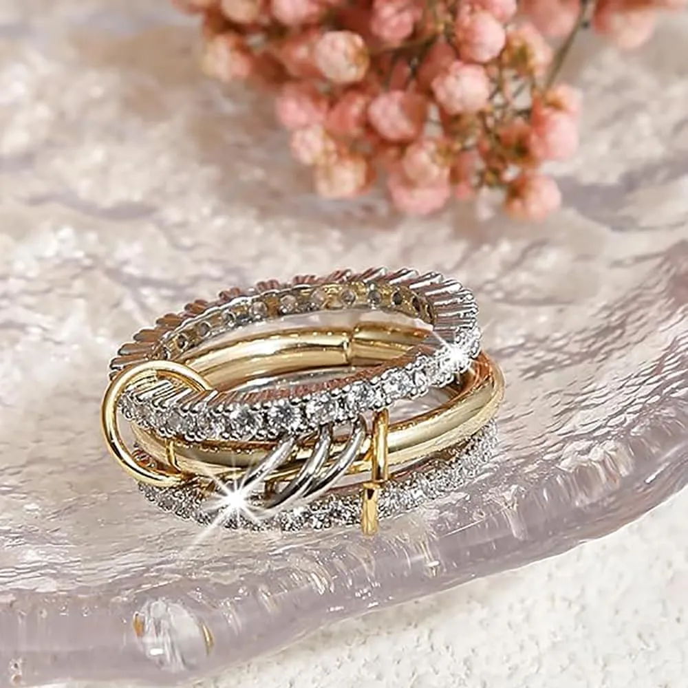 14K Gold Plated Stackable Rings for Women - 3-Piece Cubic Zirconia Interlocking Set, Zirconia Band 3 Rings Multi-Link Rings Set for Everyday Wear