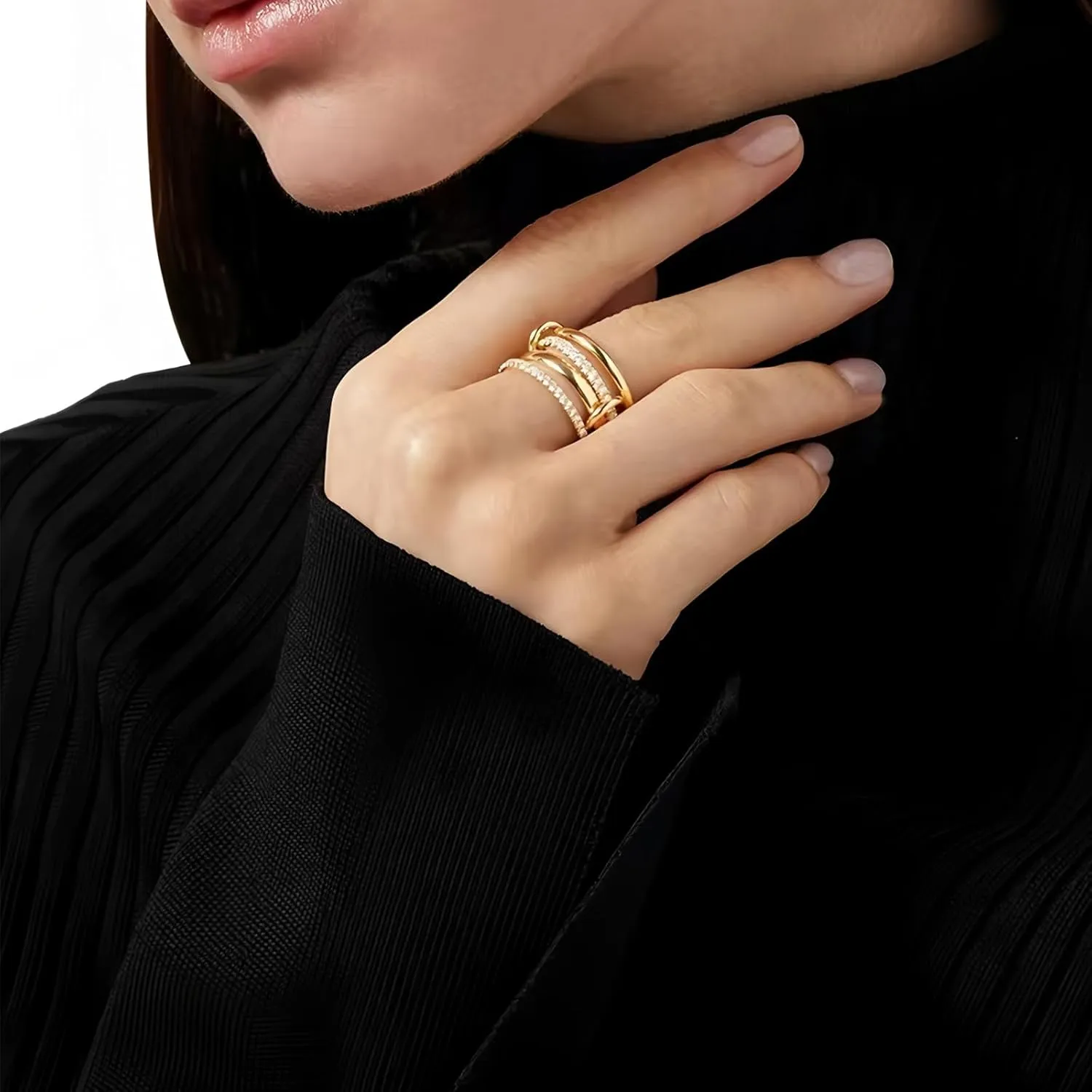 14K Gold Plated Stackable Rings Non-Tarnish CZ Cubic Zirconia Gold & Silver Interlocking Design Trendy Chunky Band for Jewelry Gift for Women