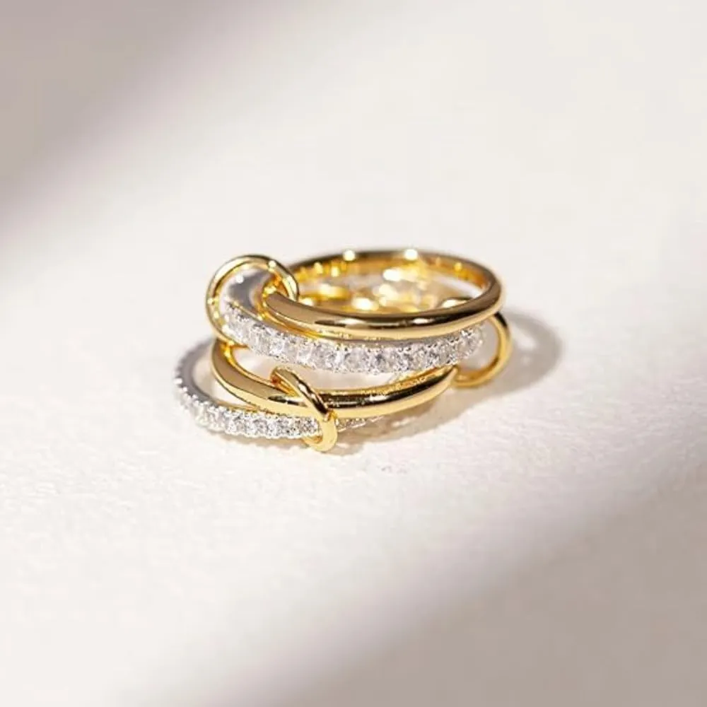 14K Gold Plated Stackable Rings Non-Tarnish CZ Cubic Zirconia Gold & Silver Interlocking Design Trendy Chunky Band for Jewelry Gift for Women