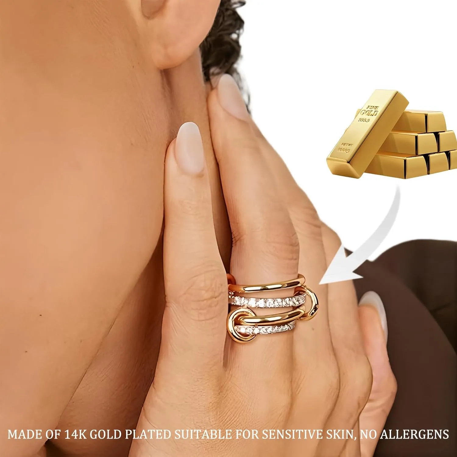 14K Gold Plated Stackable Rings Non-Tarnish CZ Cubic Zirconia Gold & Silver Interlocking Design Trendy Chunky Band for Jewelry Gift for Women