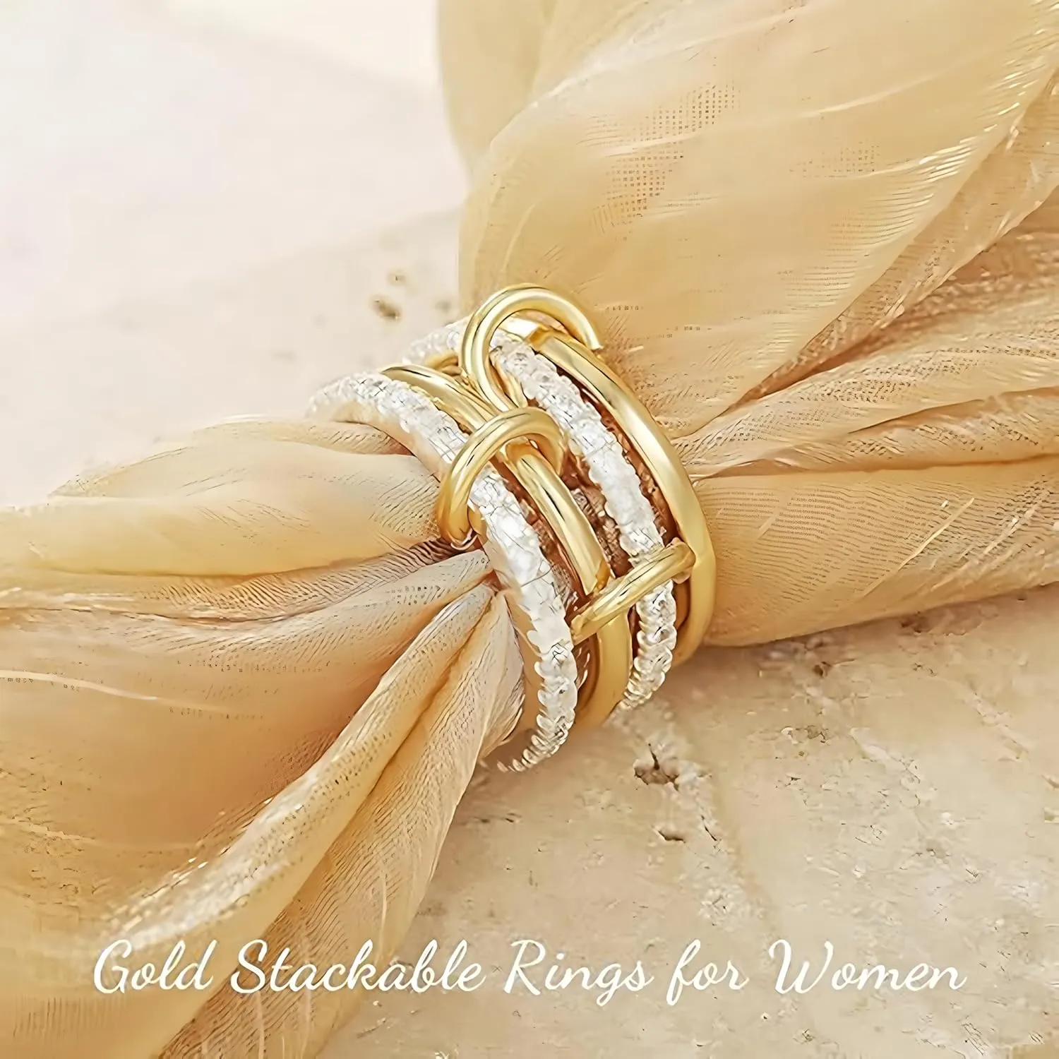 14K Gold Plated Stackable Rings Non-Tarnish CZ Cubic Zirconia Gold & Silver Interlocking Design Trendy Chunky Band for Jewelry Gift for Women