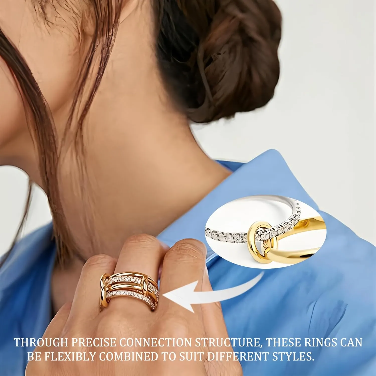 14K Gold Plated Stackable Rings Non-Tarnish CZ Cubic Zirconia Gold & Silver Interlocking Design Trendy Chunky Band for Jewelry Gift for Women