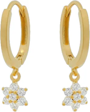 14K Solid Gold Daisy Dangle Huggie, Flower Dangle Hoop Diamond (0.14ct) Earrings, Tiny Flower Cham Hoop, Minimalist Huggie Earrings, Gift for her