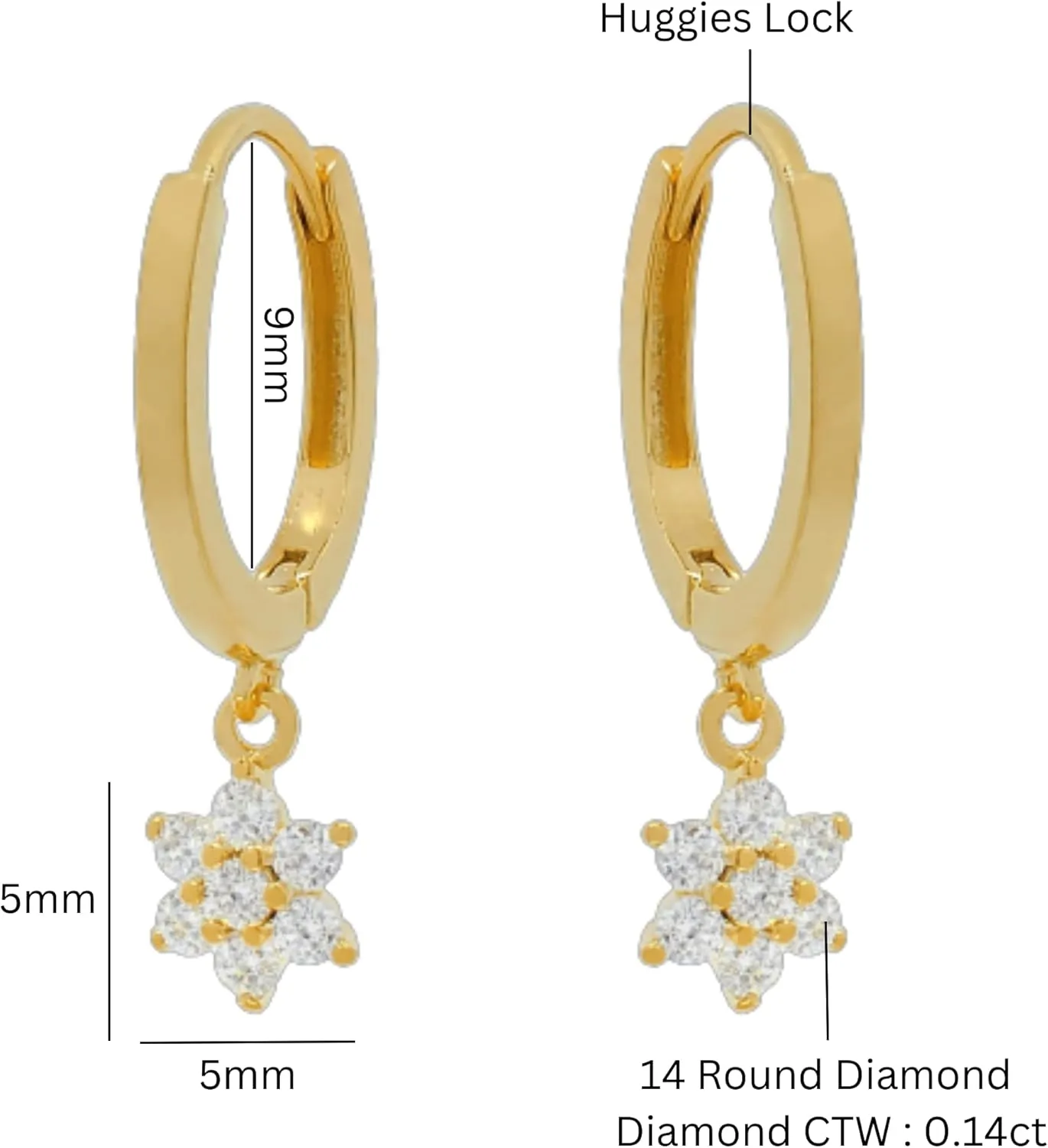 14K Solid Gold Daisy Dangle Huggie, Flower Dangle Hoop Diamond (0.14ct) Earrings, Tiny Flower Cham Hoop, Minimalist Huggie Earrings, Gift for her