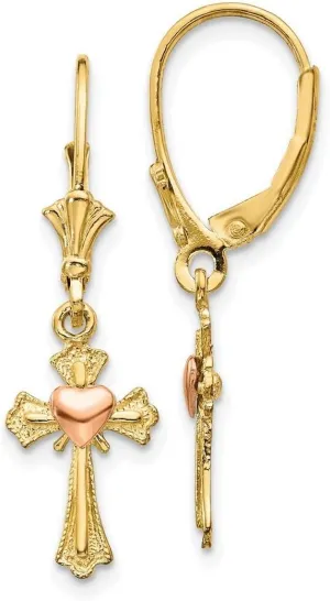 14k Two Tone Textured Polished Gold Love Heart Religious Faith Cross Leverback Earrings 32x9mm Wide Dangle Earring for Women