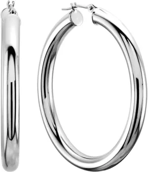 14K White Gold 4MM Shiny Round Tube Hoop Earrings