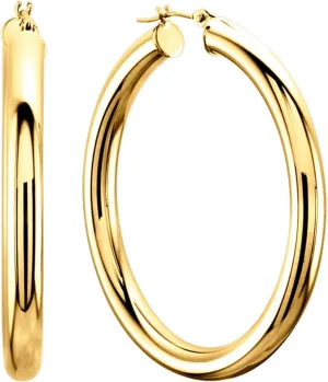 14K Yellow Gold 3MM Shiny Round Tube Hoop Earrings, 50mm