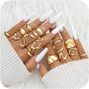 15 Pcs Chunky Gold Rings Set for Women Trendy Stackable Thick Open Finger Rings Adjustable Gold Twist Knuckle R-ings Non Tarnish Prom Party Jewelry Accessories Gifts