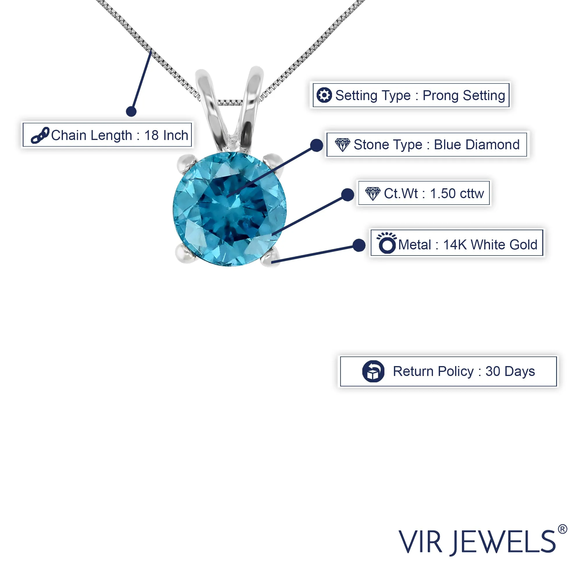 1.50 cttw Diamond Pendant, Blue Diamond Solitaire Pendant Necklace for Women in 14K White Gold with 18 Inch Chain, Prong Setting