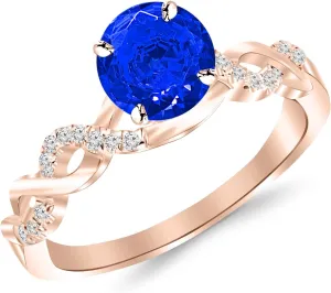 1.63 Carat 14K White Gold Twisting Infinity Gold and Diamond Split Shank Pave Set Diamond Engagement Ring with a 1.5 Carat Natural Blue Sapphire Center (Heirloom Quality)