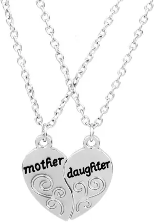 2 Pieces Silver Pendants Necklace Heart Mother and Daughter Pendant Sweater Chain Fashion Jewelry Christmas Birthday Gift