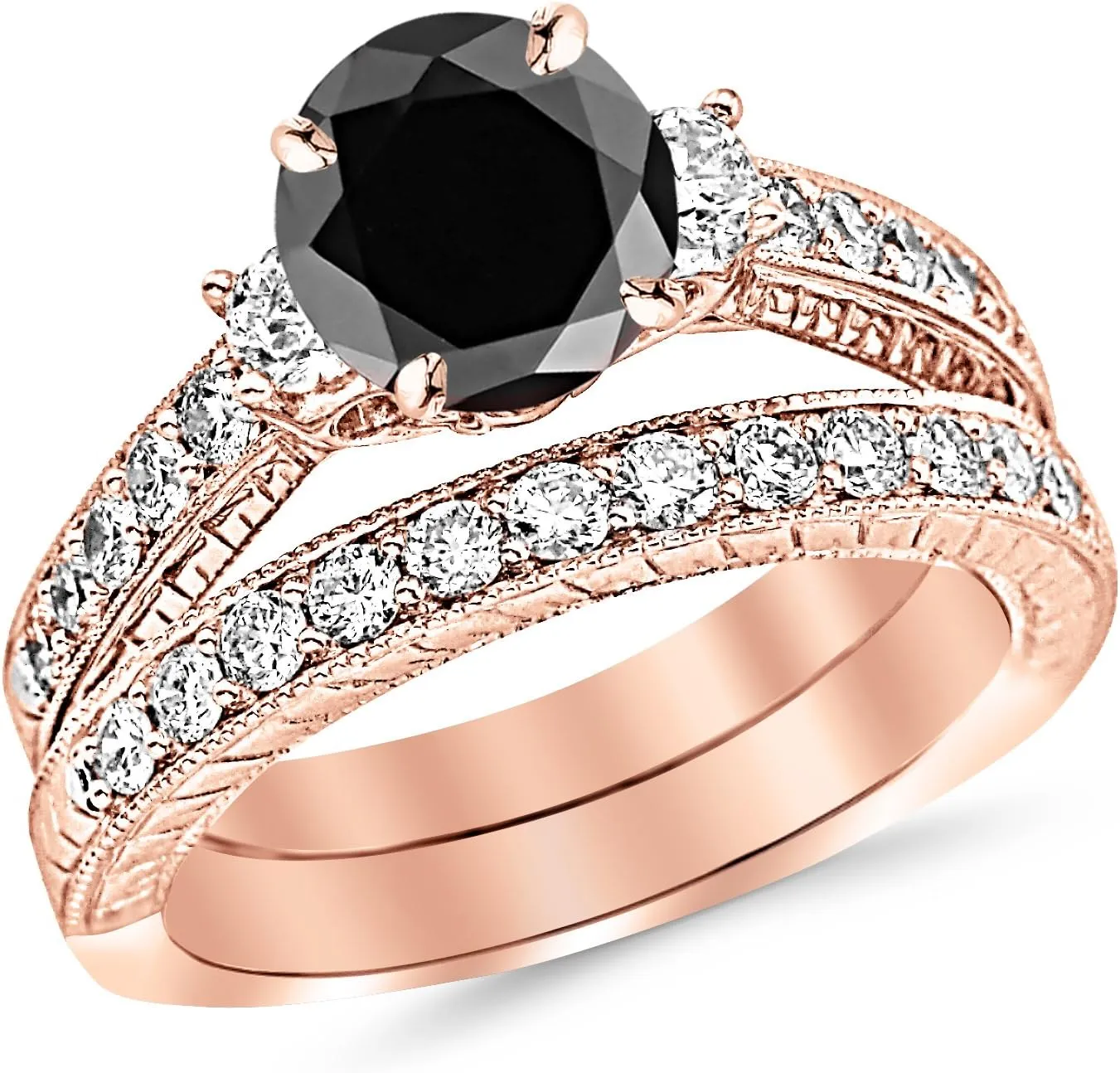 2.03 Carat 14K White Gold Three Stone Vintage With Milgrain & Filigree Bridal Set with Wedding Band & Diamond Engagement Ring with a 1 Carat Black Diamond Center (Heirloom Quality)