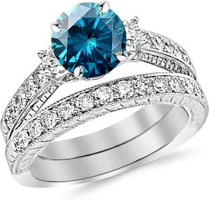 2.03 Carat 14K White Gold Three Stone Vintage With Milgrain & Filigree Bridal Set with Wedding Band & Diamond Engagement Ring with a 1 Carat Blue Diamond Center (Heirloom Quality)