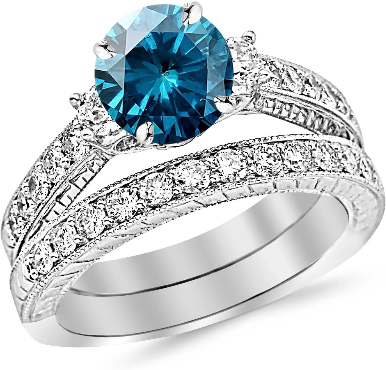 2.03 Carat 14K White Gold Three Stone Vintage With Milgrain & Filigree Bridal Set with Wedding Band & Diamond Engagement Ring with a 1 Carat Blue Diamond Center (Heirloom Quality)