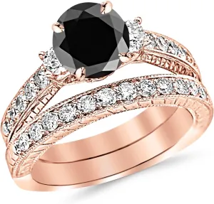 2.53 Carat 14K White Gold Three Stone Vintage With Milgrain & Filigree Bridal Set with Wedding Band & Diamond Engagement Ring with a 1.5 Carat Black Diamond Center (Heirloom Quality)