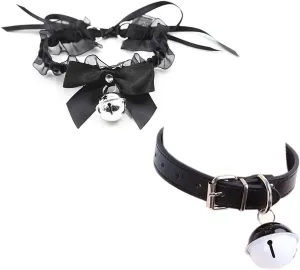 2Pcs/Set PU Leather Lace Choker Collar for Women Punk Necklace Cute Bow Lace Girls Cosplay Cat Bell Chokers