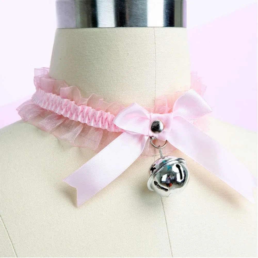 2Pcs/Set PU Leather Lace Choker Collar for Women Punk Necklace Cute Bow Lace Girls Cosplay Cat Bell Chokers