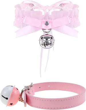2Pcs/Set PU Leather Lace Choker Collar for Women Punk Necklace Cute Bow Lace Girls Cosplay Cat Bell Chokers