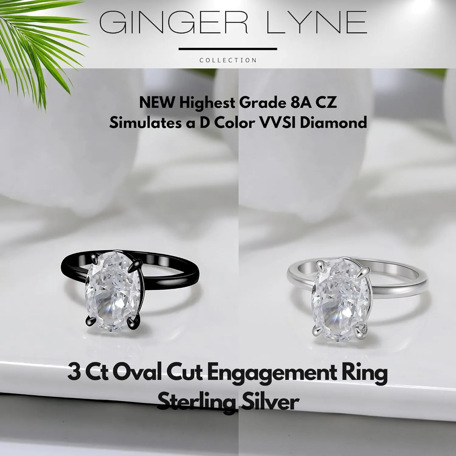 3 Carat Oval Black Engagement Rings for Women by Ginger Lyne | Cubic Zirconia Wedding Rings for Women Sterling Silver | Large Fake Diamond Engagement | Travel CZ Simulated Diamond Promise or Bridal