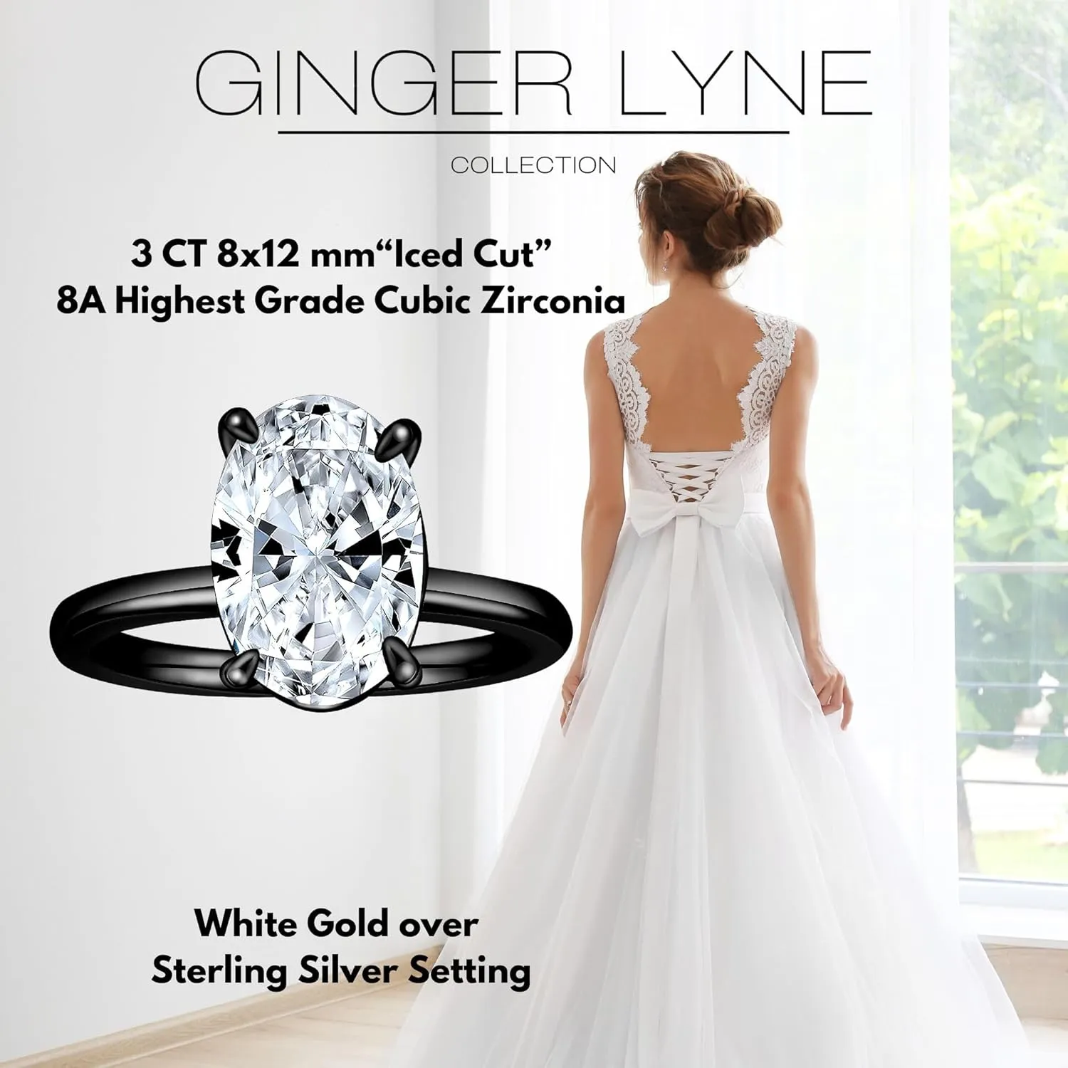 3 Carat Oval Black Engagement Rings for Women by Ginger Lyne | Cubic Zirconia Wedding Rings for Women Sterling Silver | Large Fake Diamond Engagement | Travel CZ Simulated Diamond Promise or Bridal
