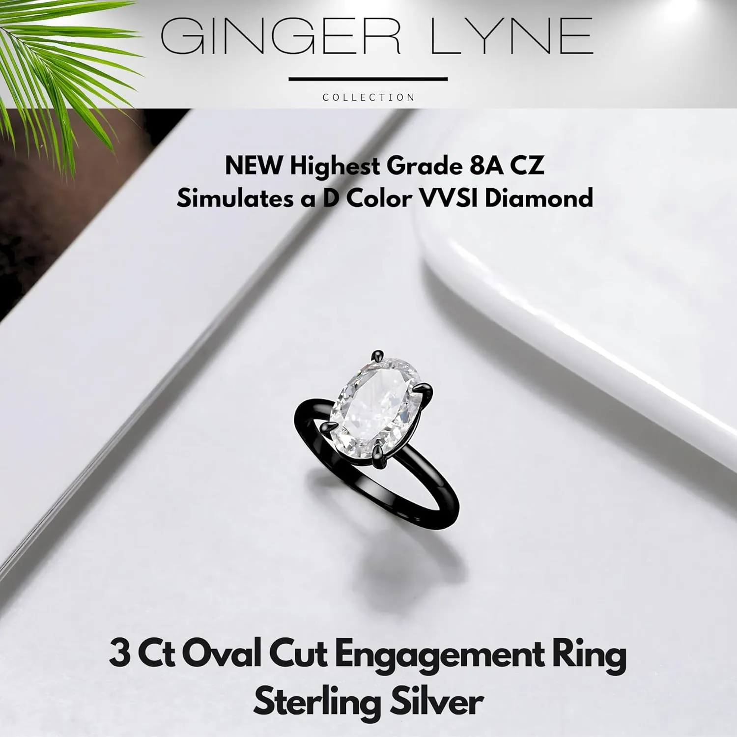 3 Carat Oval Black Engagement Rings for Women by Ginger Lyne | Cubic Zirconia Wedding Rings for Women Sterling Silver | Large Fake Diamond Engagement | Travel CZ Simulated Diamond Promise or Bridal