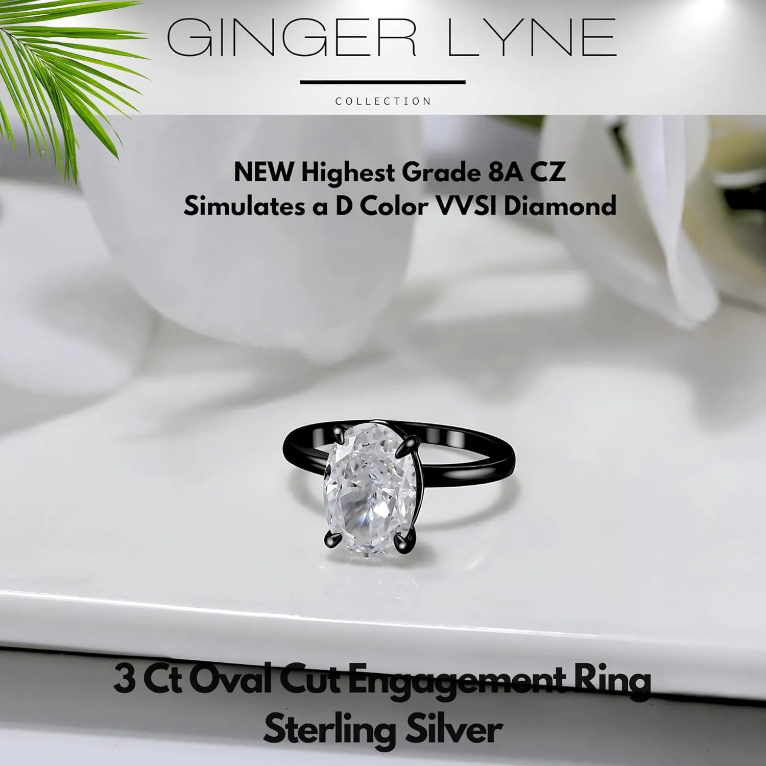 3 Carat Oval Black Engagement Rings for Women by Ginger Lyne | Cubic Zirconia Wedding Rings for Women Sterling Silver | Large Fake Diamond Engagement | Travel CZ Simulated Diamond Promise or Bridal