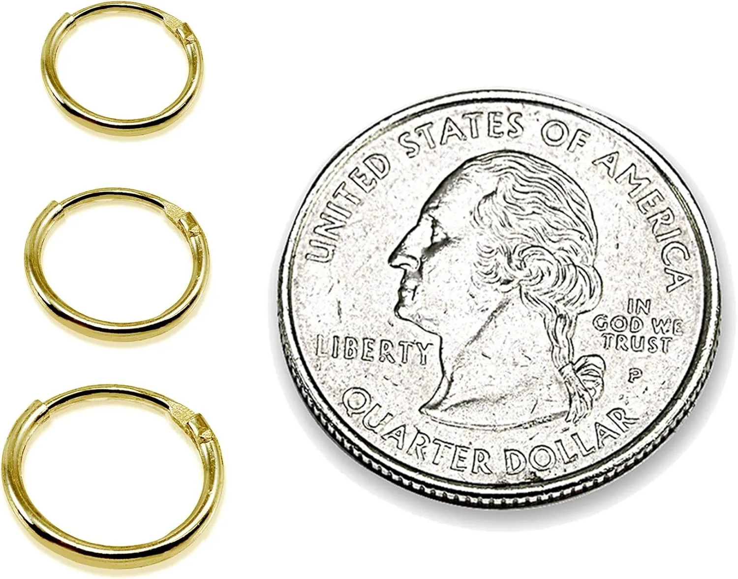 3 Pair Set Yellow Gold Flash Sterling Silver 10mm, 12mm & 14mm Tiny Small Lightweight Thin Round Continuous Endless Unisex Hoop Earrings