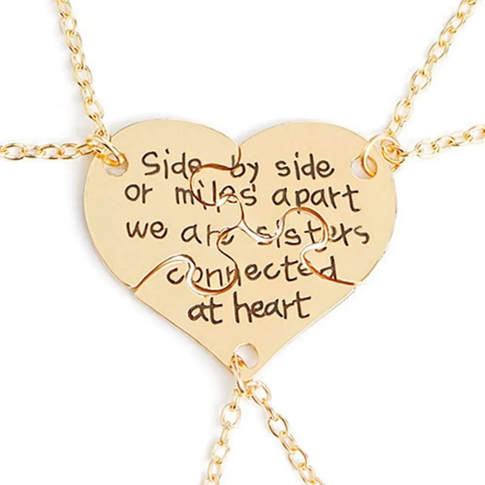 3 Pcs Best Friends Forever Engraved Necklace Broken Heart Charm Pendant Set BFF Friendship Necklace (Gold - " We are sisters connected at heart ")
