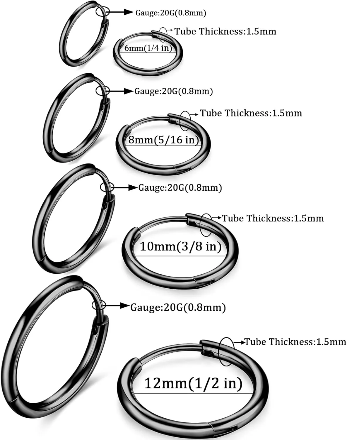 316L Surgical Stainless Steel Huggie Hoop Earrings 6mm 8mm 10mm 11mm 12mm 14mm Hypoallergenic Earrings Hoop Cartilage Helix Lobes Hinged Sleeper Earrings For Men Women
