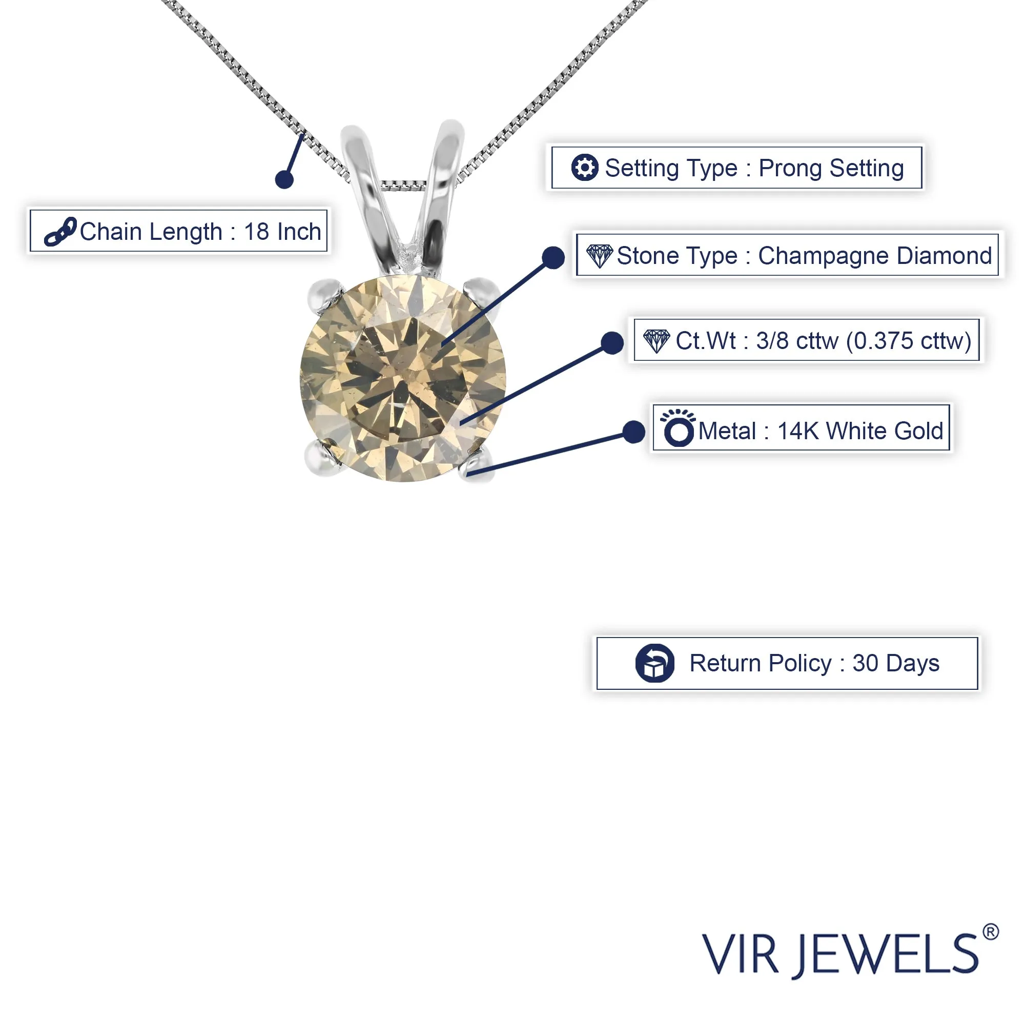 3/8 cttw Diamond Pendant, Champagne Diamond Solitaire Pendant Necklace for Women in 14K White Gold with 18 Inch Chain, Prong Setting