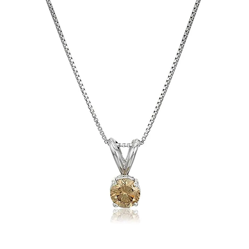 3/8 cttw Diamond Pendant, Champagne Diamond Solitaire Pendant Necklace for Women in 14K White Gold with 18 Inch Chain, Prong Setting