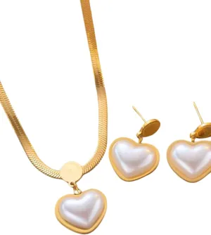 3Pcs Heart-Shaped Pearl Pendant Necklace and Earrings Set, 18k Yellow Gold Plated Stainless Steel Jewelry For Women, Gold/white