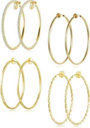 4 Pairs Clip on Hoop Earrings for Women CZ Twist Fake Hoop Earring Sets Spring Hoops for Non Pierced Ears Gold Tone 30/40/50/60/70mm